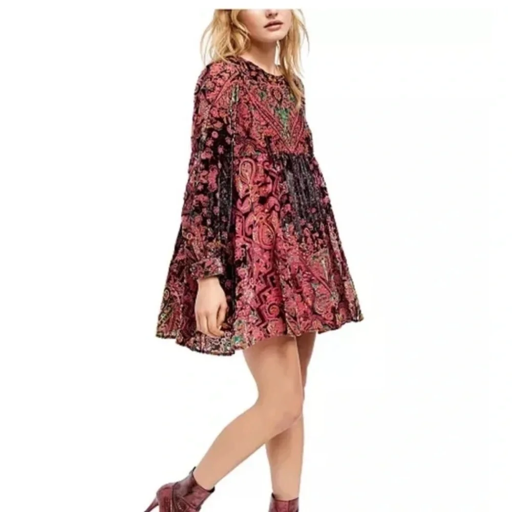 Free People Mirror Mirror Velvet Mini Dress in Wine Combo